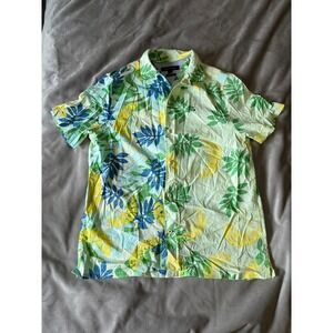 Tommy Hilfiger Mens Tropical Leaf Button Down Shirt Custom Fit Green Blue Small